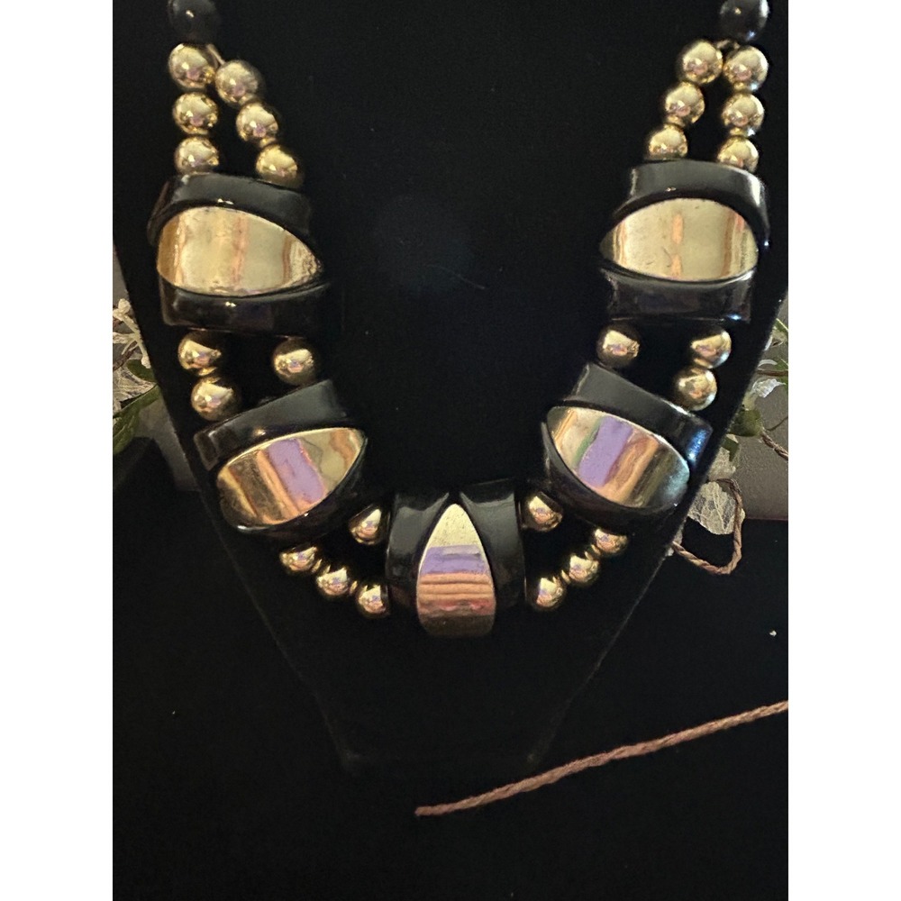 VTG 1960s Black & Gold Statement Necklace – Mid Century Modern Beaded Collar - Picture 2 of 4